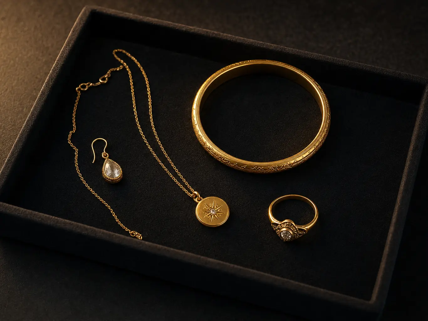 Gold bangle, pendant necklace, drop earring and stone ring in a black velvet tray